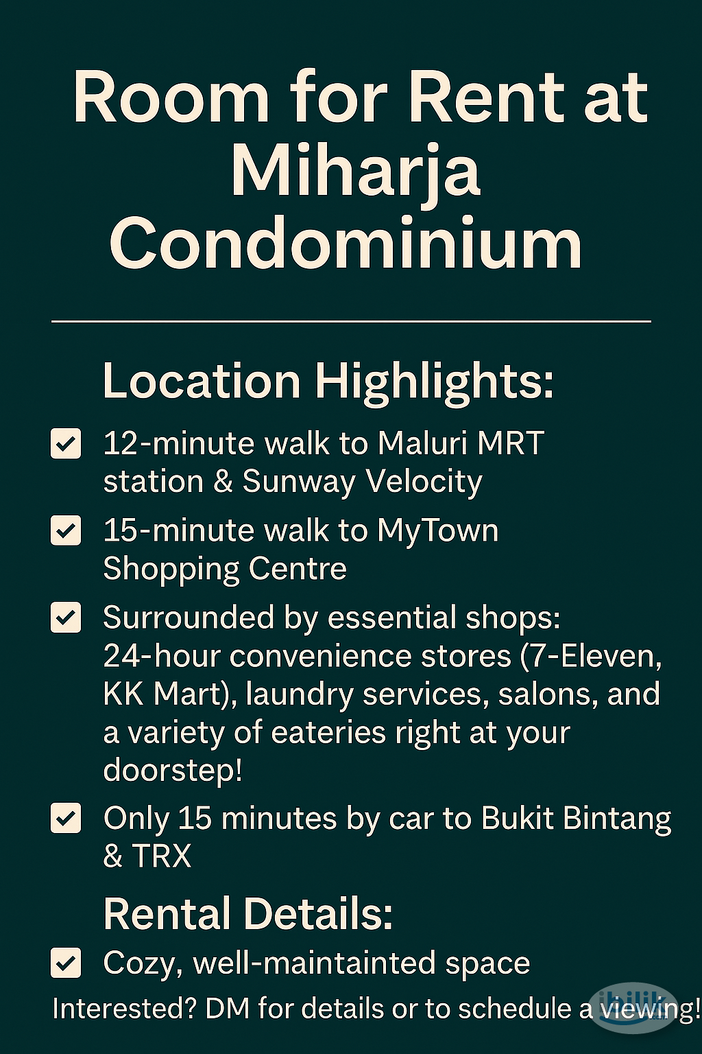 Quiet, Private, Fully Furnished Middle Room near MRT at Miharja Condo - Image 1